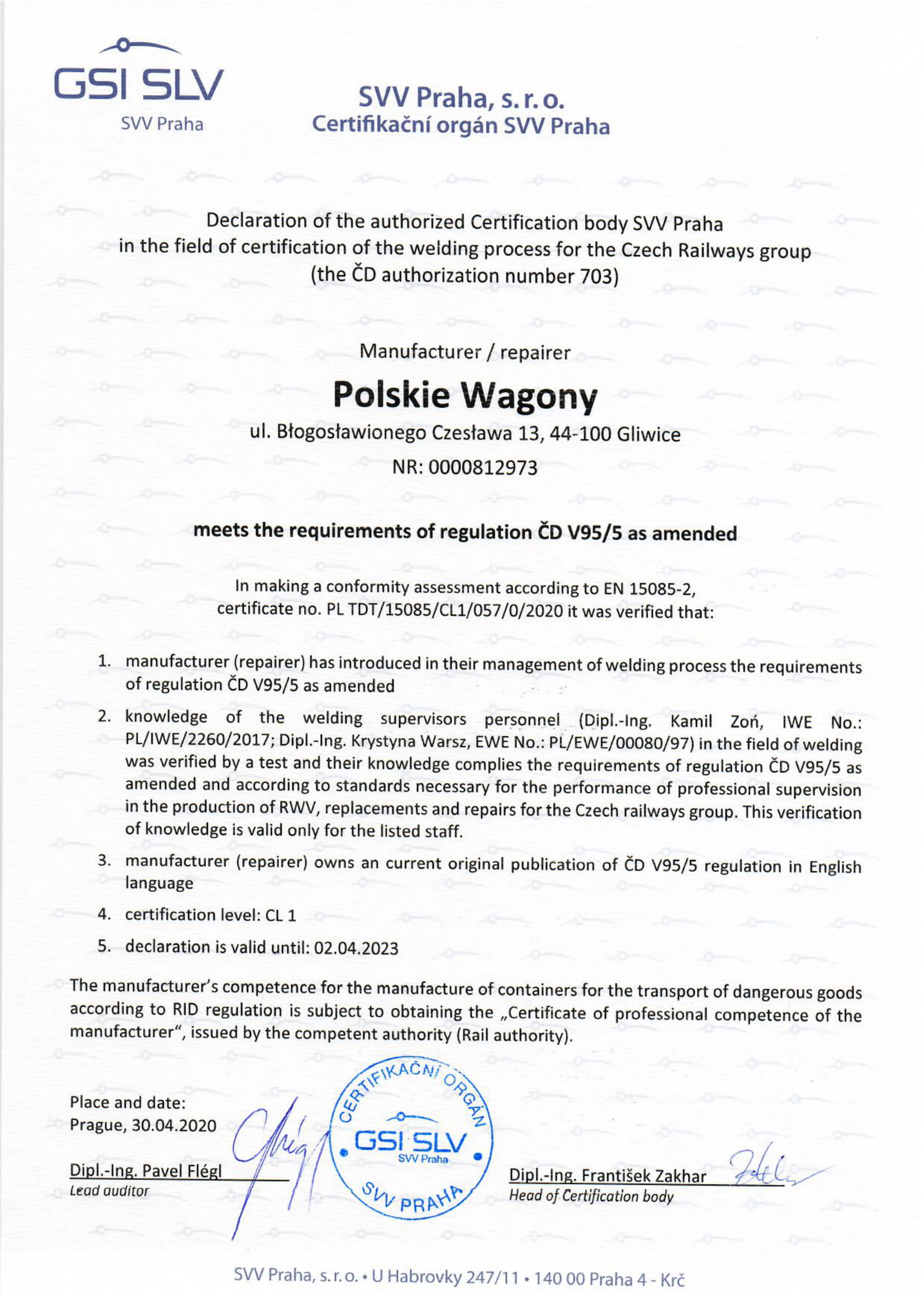 x PW Opinia Deklaracja spełnienia Spawania wg V95 5 CD Cargo GSI SLV Praha 1
