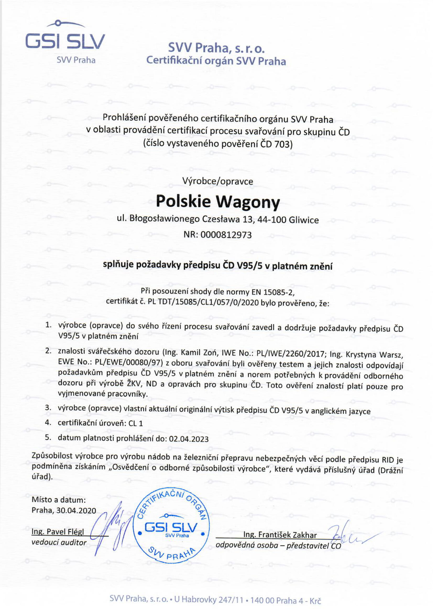 x PW Opinia Deklaracja spełnienia Spawania wg V95 5 CD Cargo GSI SLV Praha 2